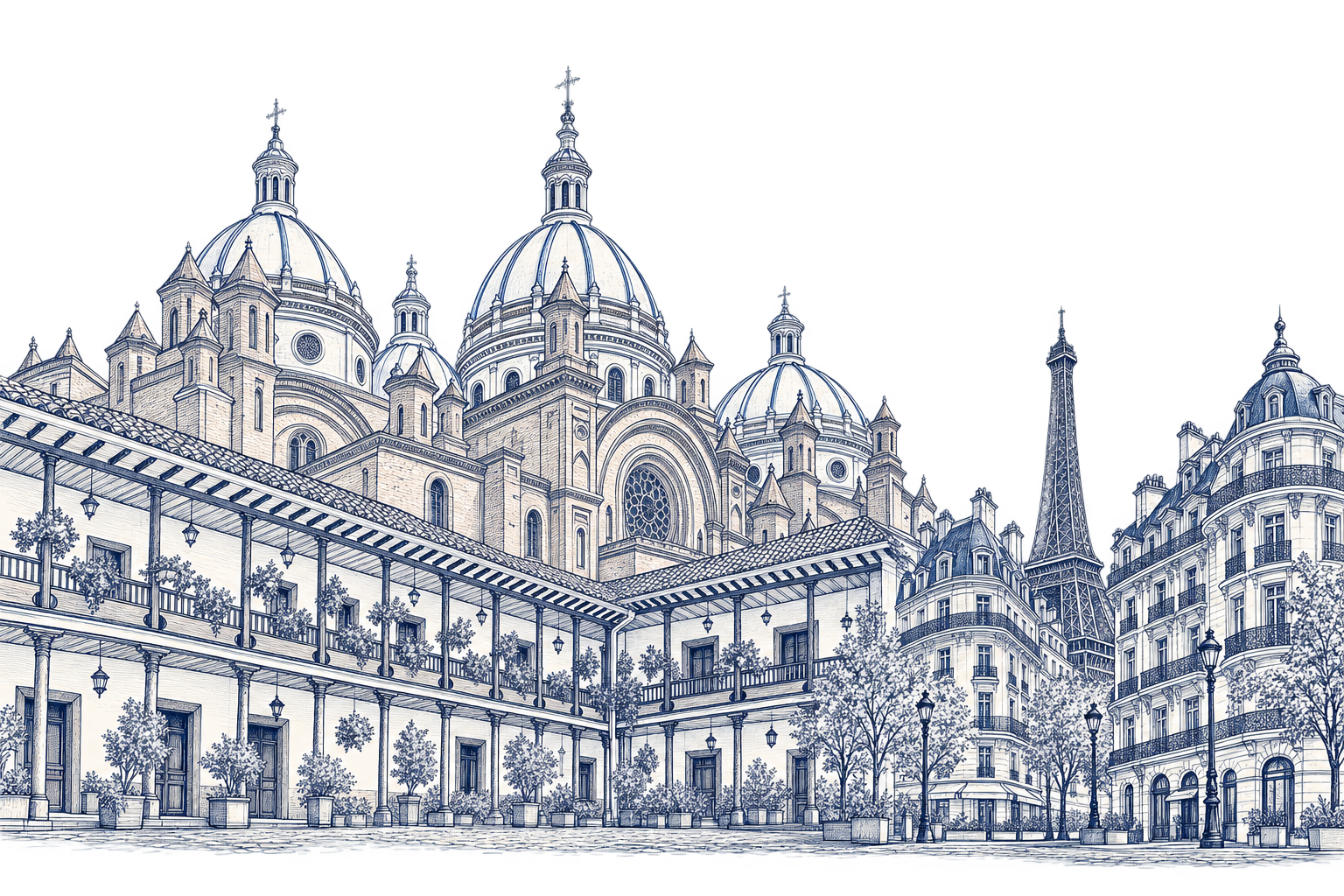 An architectural sketch combining Cuenca Cathedral’s domes, the Seminario San Luis courtyard and Parisian architecture.